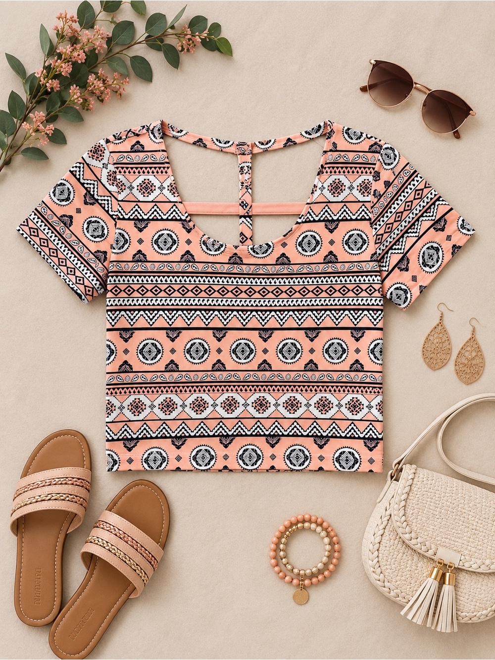Charlotte Russe Coral Geometric Print Cutout Top Size Medium